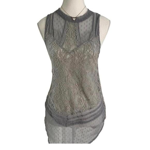 Free People Tops - Free People all lace stretch Misty Blue Tank top Womens size small